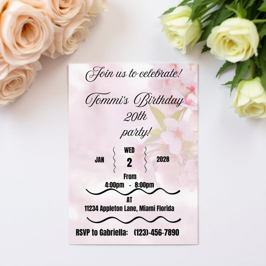 Flowers 20th birthday party invitation-( canva template 5x7" digital download)